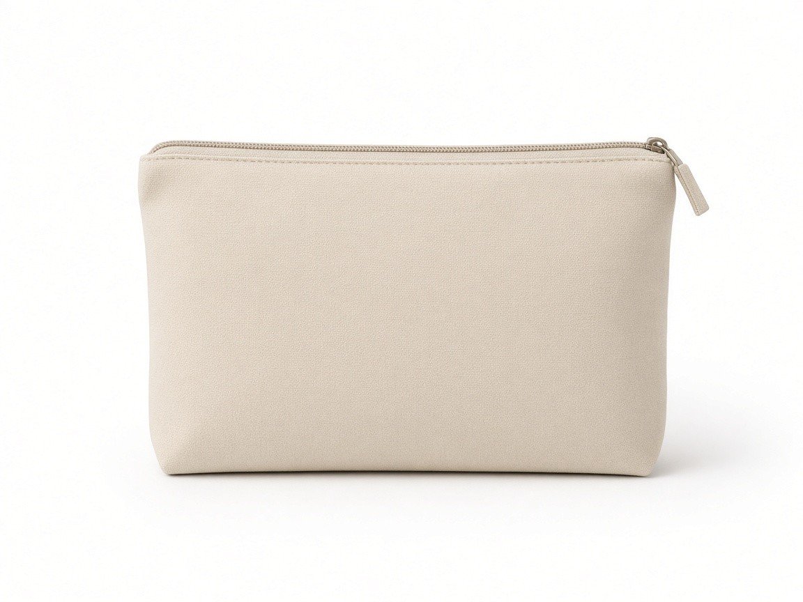 A plain beige canvas zip pouch with no print, on a white background.