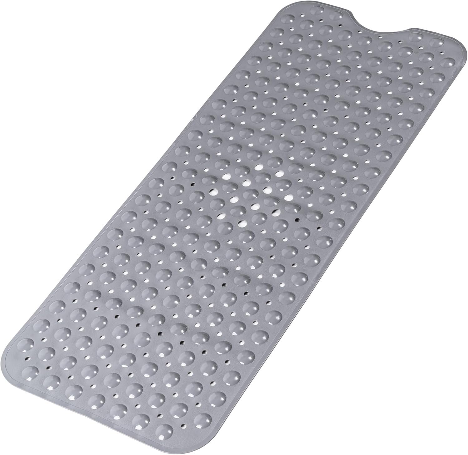 A grey bath mat with suction cups on a white background.
