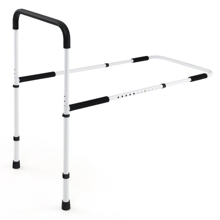 A white metal bed safety rail alone on a white background.
