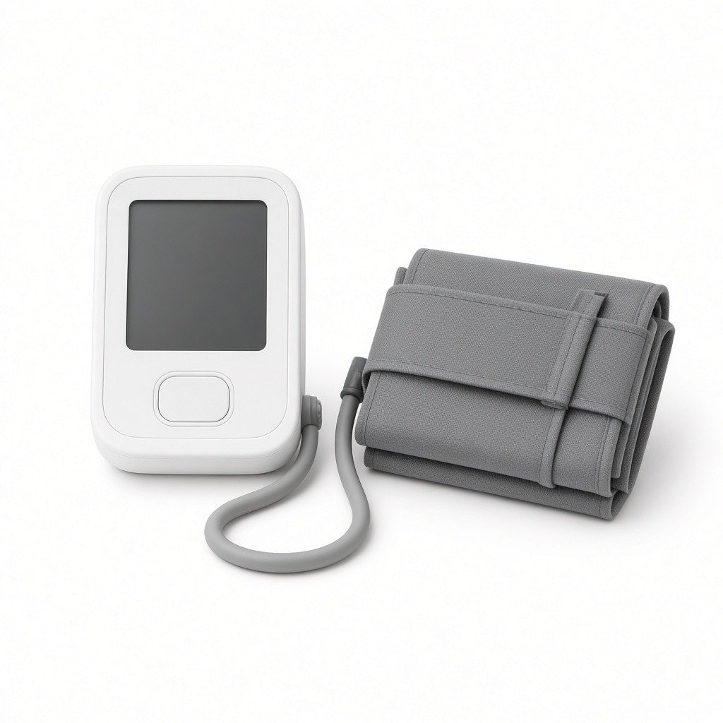 An upper-arm blood pressure monitor with a blank screen, a cuff, and a tube, on a white background.