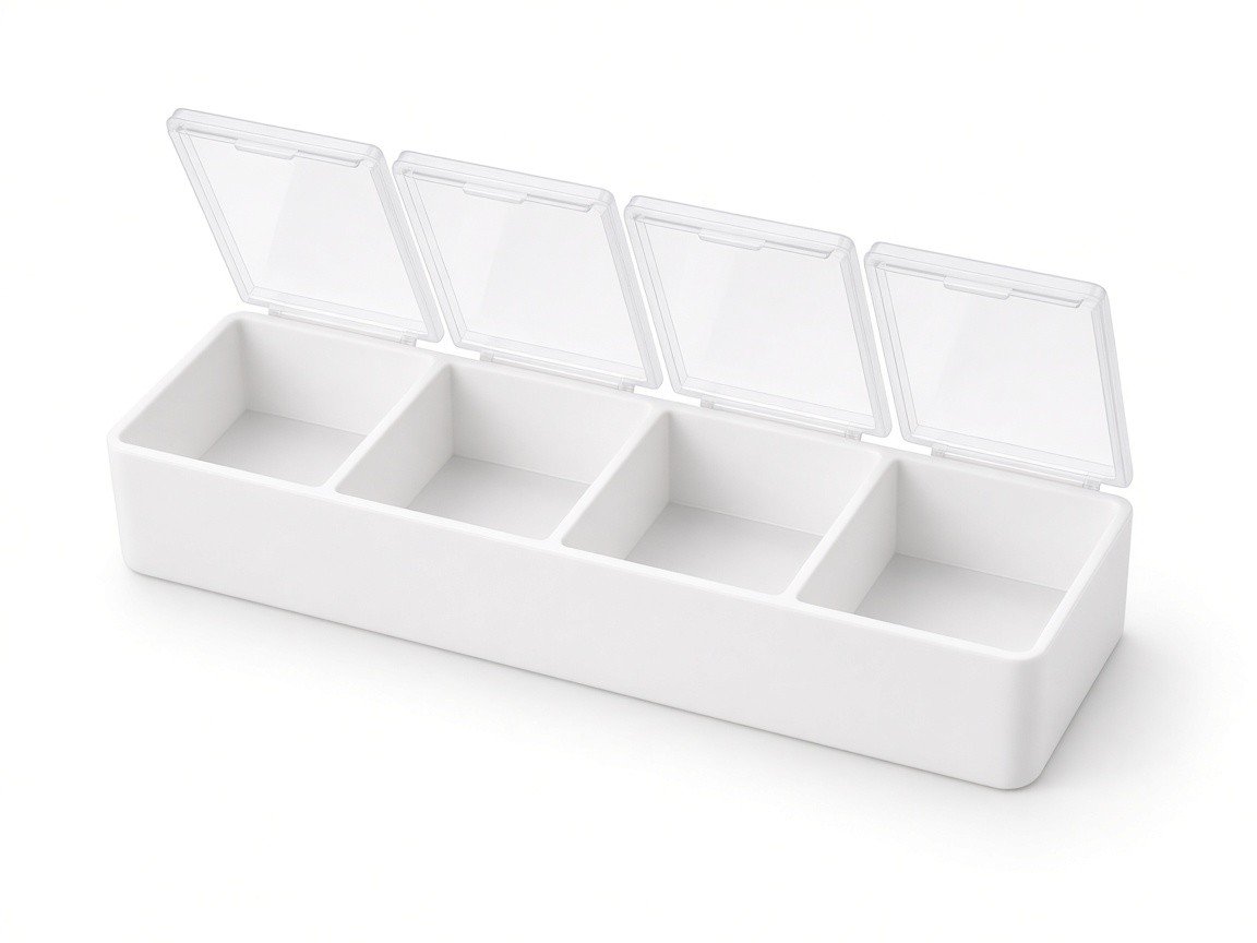 A white plastic pill box with four empty compartments in a row, on a white background.