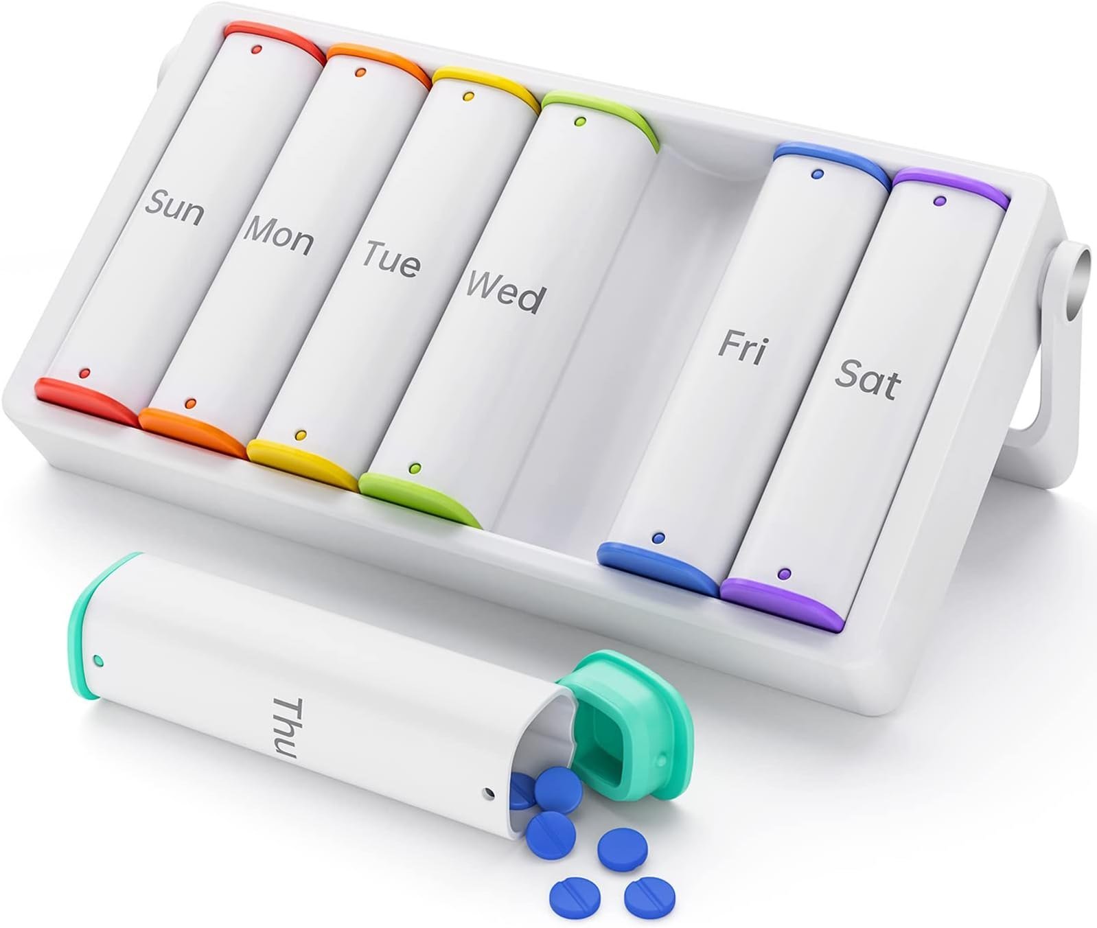 A weekly pill organizer with English day names Sun, Mon, Tue, Wed, Fri, and Sat.