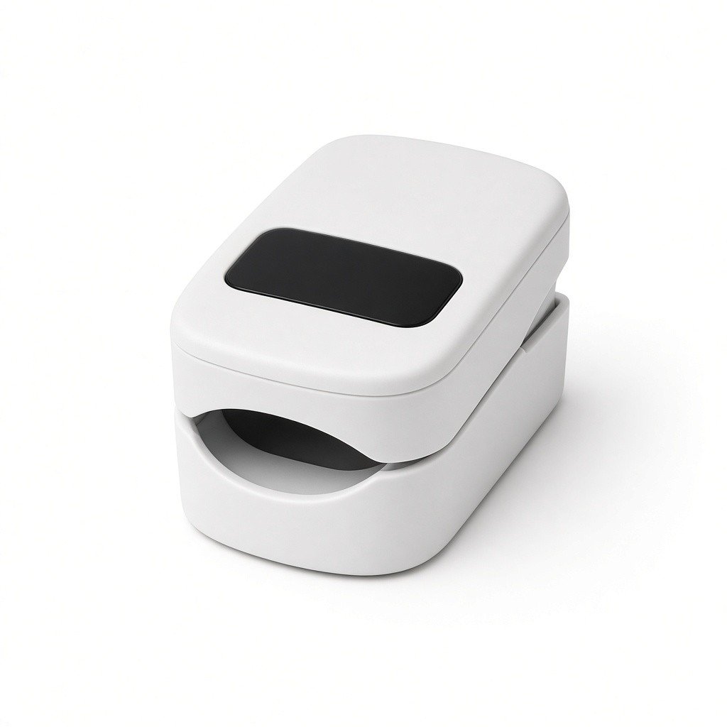 A white fingertip pulse oximeter with a blank display, on a white background.