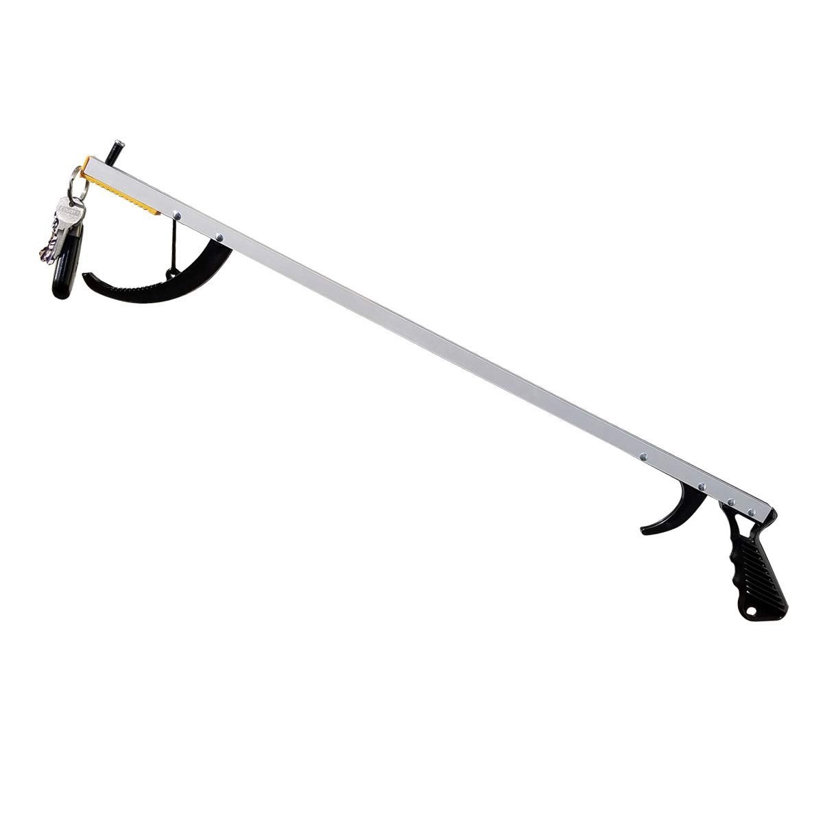 A blue and black reacher with a claw, unpackaged, on a white background.