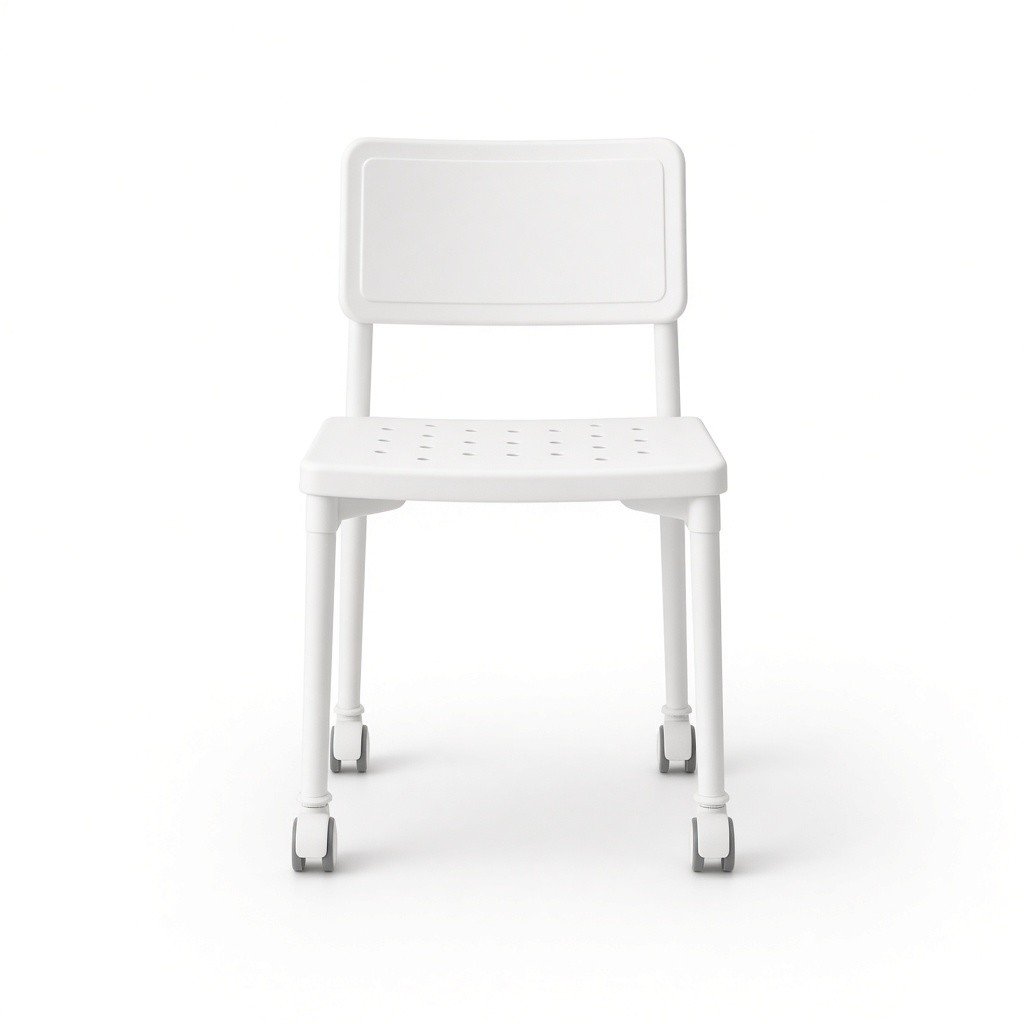 A white shower chair with a backrest and wheels, and no armrests, on a white background.